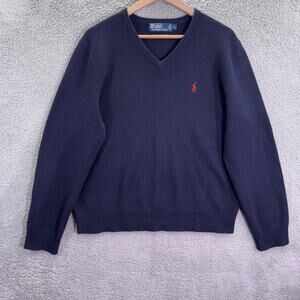 VTG Polo Ralph Lauren Lambs Wool Pullover Sweater Men L Blue V-Neck Red Pony